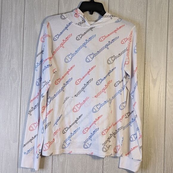 Champion White Long Sleeve T-shirt Hoodie All Over Logo Kangaroo Pouch SZ XL/SM - Picture 5 of 5